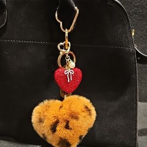 Leopard Plush Heart Bag Charm Keychain | Rhinestone Heart | Statement Charm